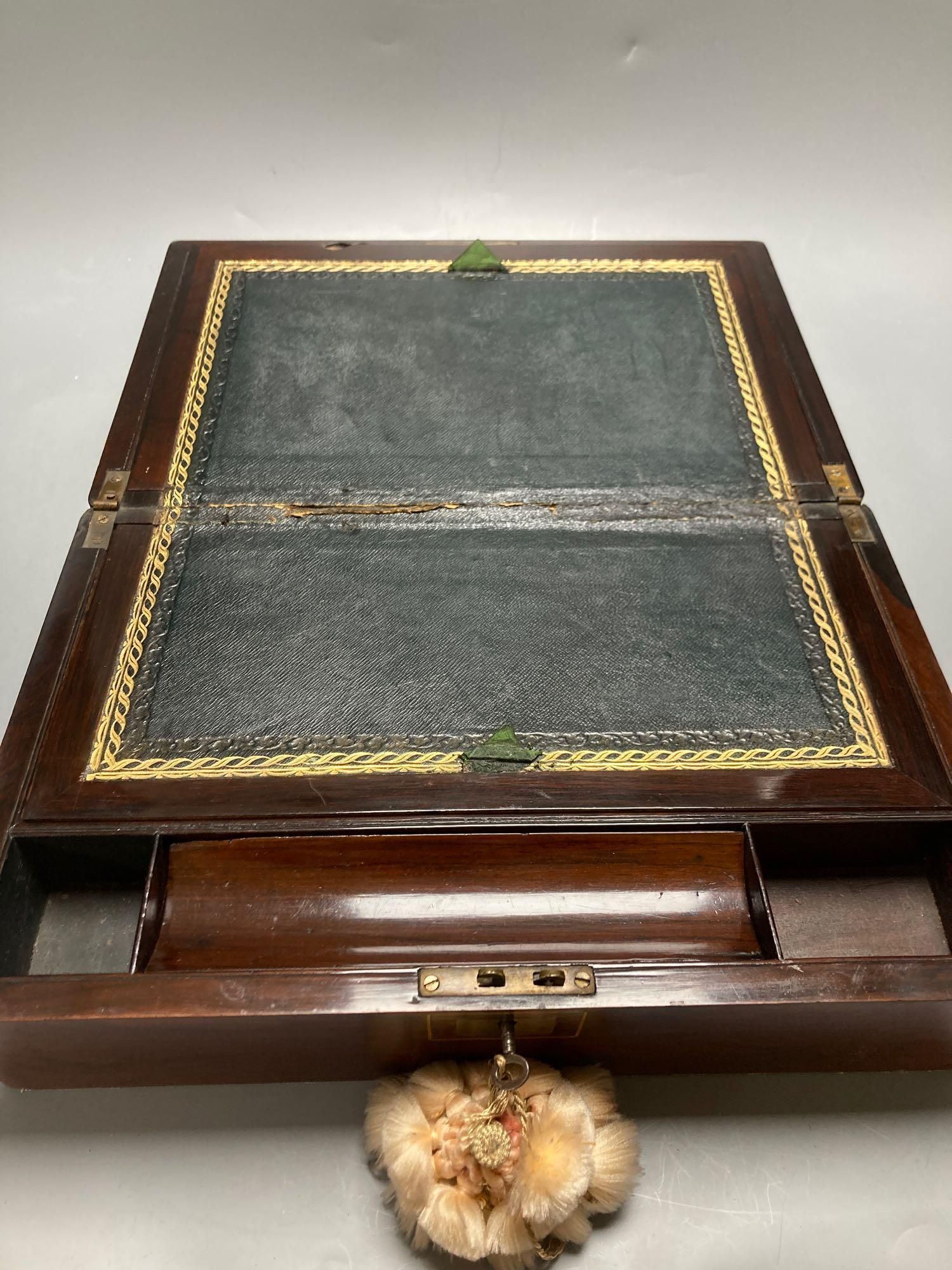 A Victorian crossbanded parquetry work box, 28cm and a rosewood writing slope